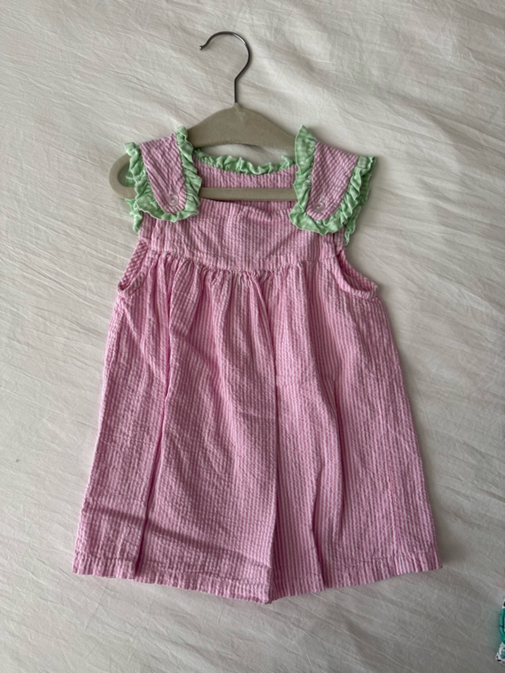 Pink Seersucker Ruffle Shoulder Dress for Kids